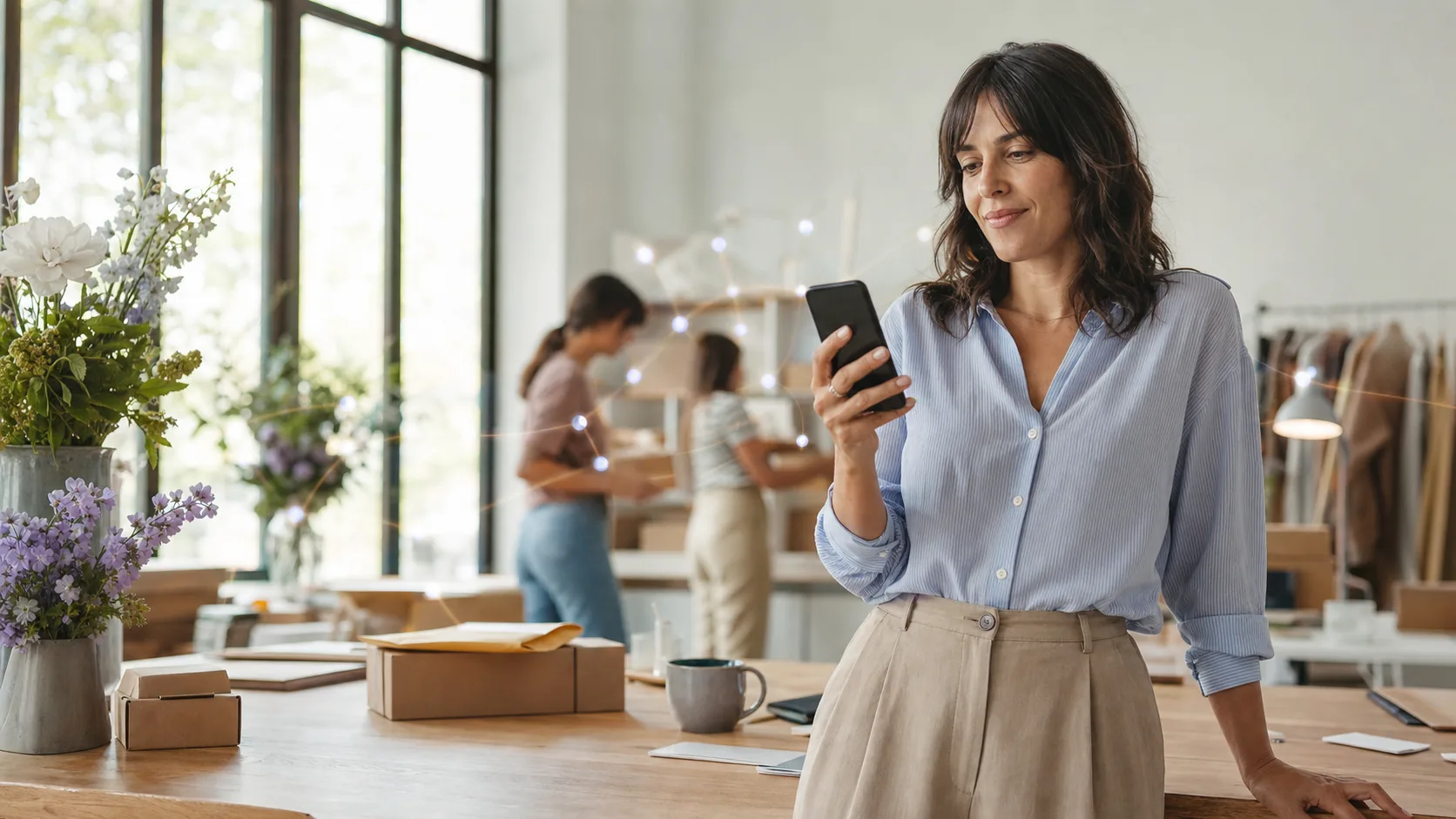 Une dirigeante examine sur son téléphone une action préparée
